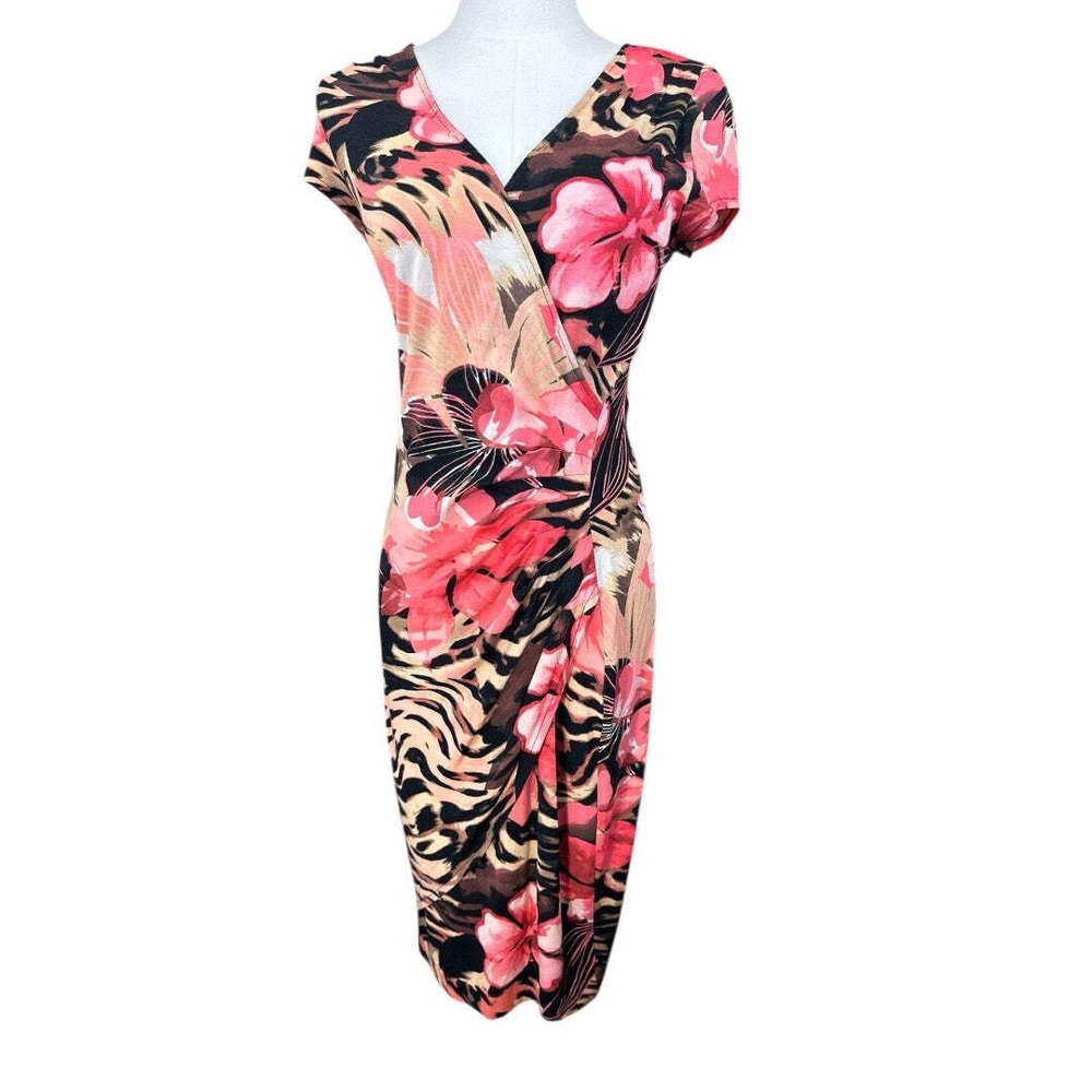 Cache Womens Floral Animal Print‎ Faux Wrap Sheath Dress Pink Black Medium